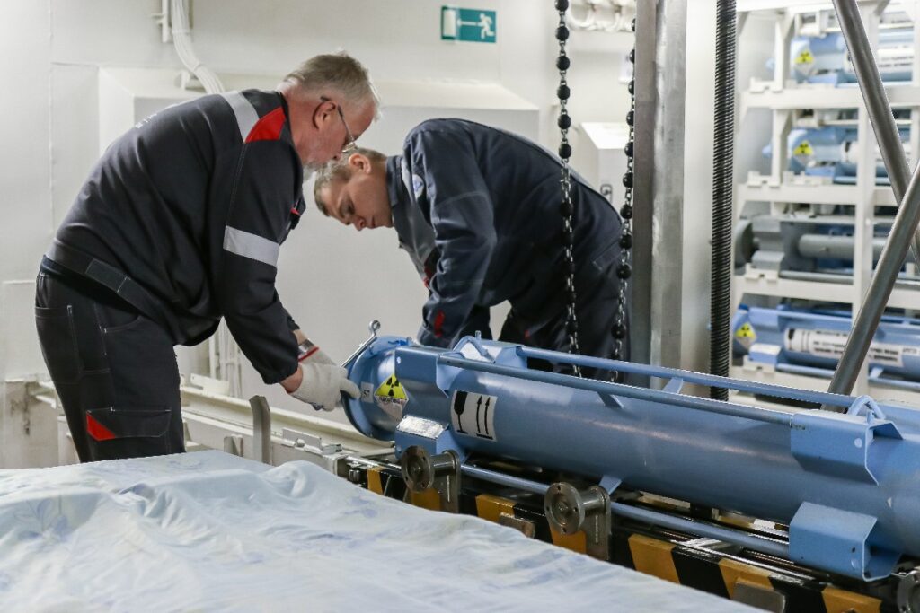 The world’s first floating nuclear power plant, Rosatom’s Akademik Lomonosov, moored in Pevek in Russia's Chukotka region, recently completed its first refueling procedure. The KLT-40S reactors, featuring cartridge-type cores, have an increased refueling interval of 3–3.5 years, and during refueling, the entire reactor core's fuel assemblies are replaced. Spent fuel assemblies were removed and placed into storage, with both fresh and spent fuel stored on board the FNPP in dedicated isolated rooms. Courtesy: Rosatom