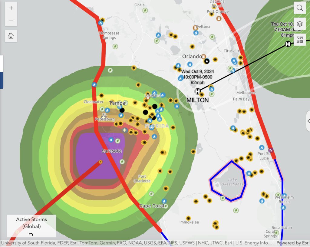 Utilities in Florida prepared for high volumes of power outages given the impacts of Hurricane Milton, a Category 3 storm that made landfall on Oct. 9. This Energy Information Administration map shows power plants, power transmission and distribution lines, and fuel terminals in its path. Source: EIA U.S. Energy Atlas