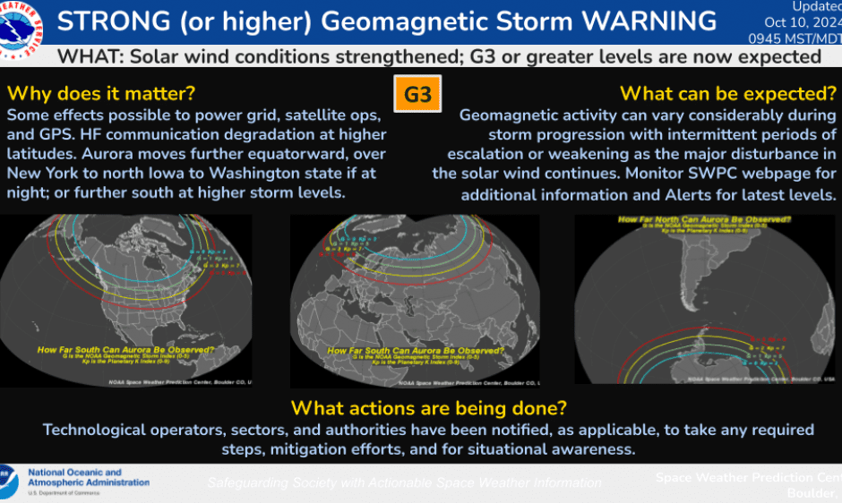 NOAA issued a G3-level geomagnetic storm warning on Oct. 10, 2024, at 11:45 a.m. EST. The anticipated coronal mass ejection (CME) arrived at Earth at 11:15 a.m. EST at nearly 1.5 million miles per hour. Source: NOAA