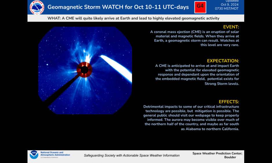 NOAA has issued a G4-level severe geomagnetic storm watch for October 10-11, warning of potential disruptions to power grids, communications, and navigation systems as a fast-moving solar storm approaches. Source: NOAA