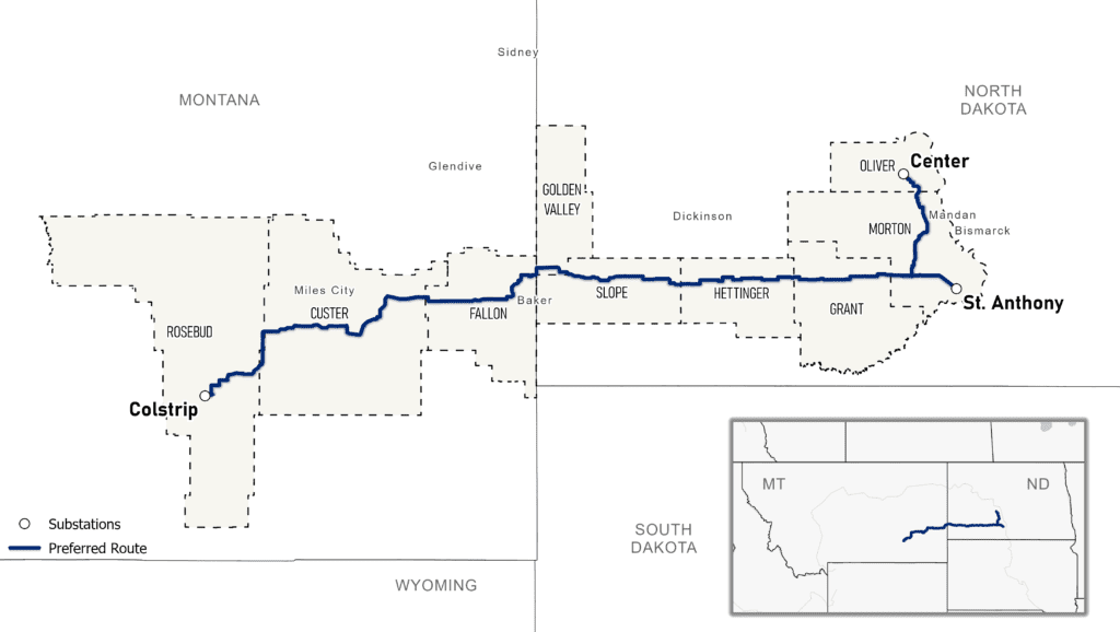 The North Plains Connector will be approximately 415 miles long, extending from an existing substation in Colstrip, Montana, to an existing substation in Center, North Dakota, and a new substation in Morton County, North Dakota. Courtesy: Grid United