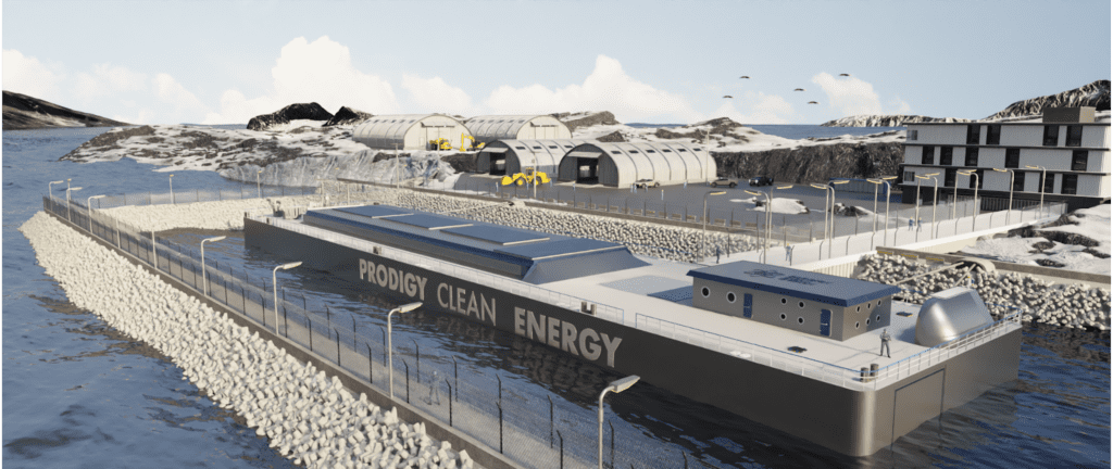 Conceptual layout of a marine (shoreline) installed Prodigy Microreactor Power Station TNPP that can integrate a single or multiple Westinghouse eVinci™ microreactors. The facility is non-self-propelled. Courtesy: Prodigy Clean Energy